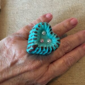 Turquoise Heart Ring with Rhinestones by Sookie Sookie! OOAK